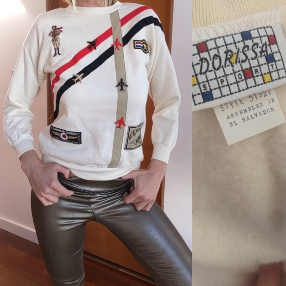 Vintage 80s aviator girl fighter pilot plane gucci stripe sweatshirt top xs/s - Picture 3 of 5